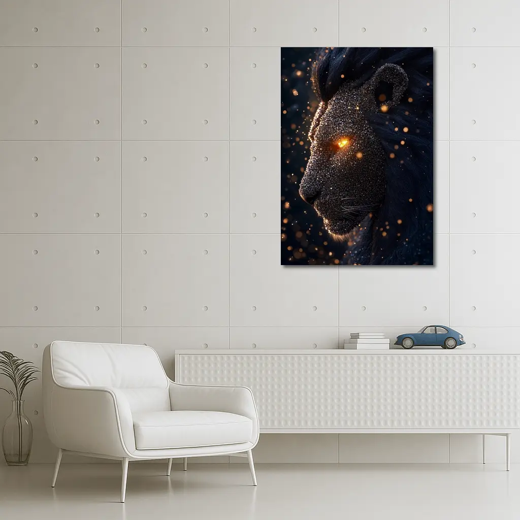 Dark Cosmic Lion Glowing Eyes Night – Wall Art