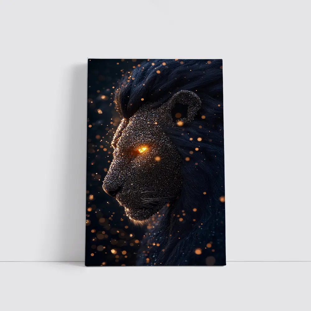 Dark Cosmic Lion Glowing Eyes Night – Wall Art