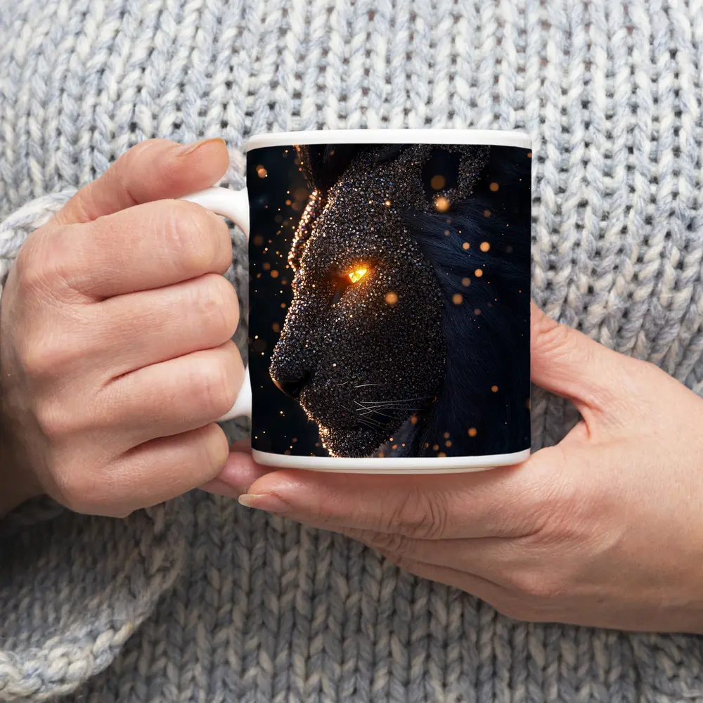 Dark Cosmic Lion Glowing Eyes Night – Mugs