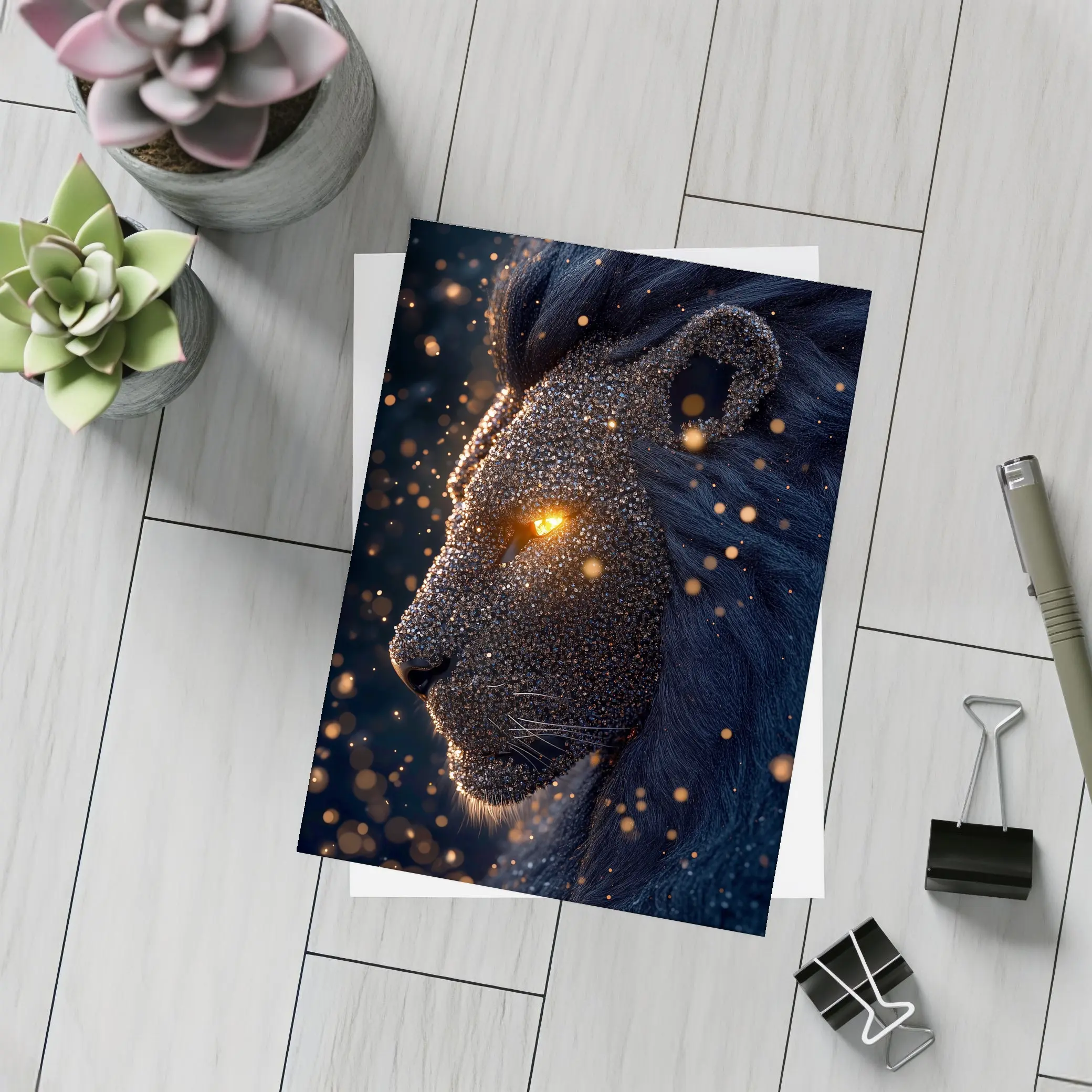 Dark Cosmic Lion Glowing Eyes Night – Postcards