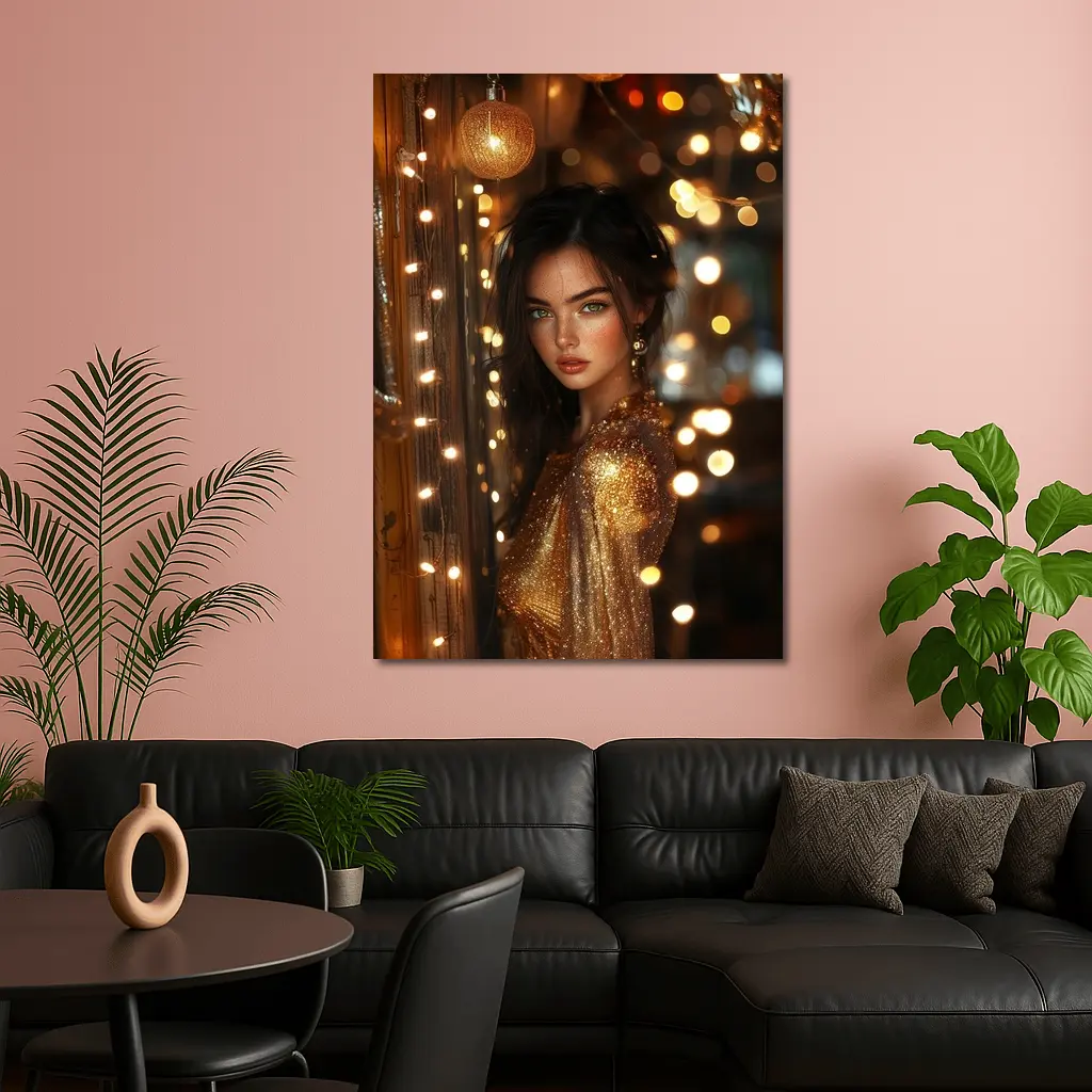 Woman Gold Dress Warm Bokeh Lights – Wall Art