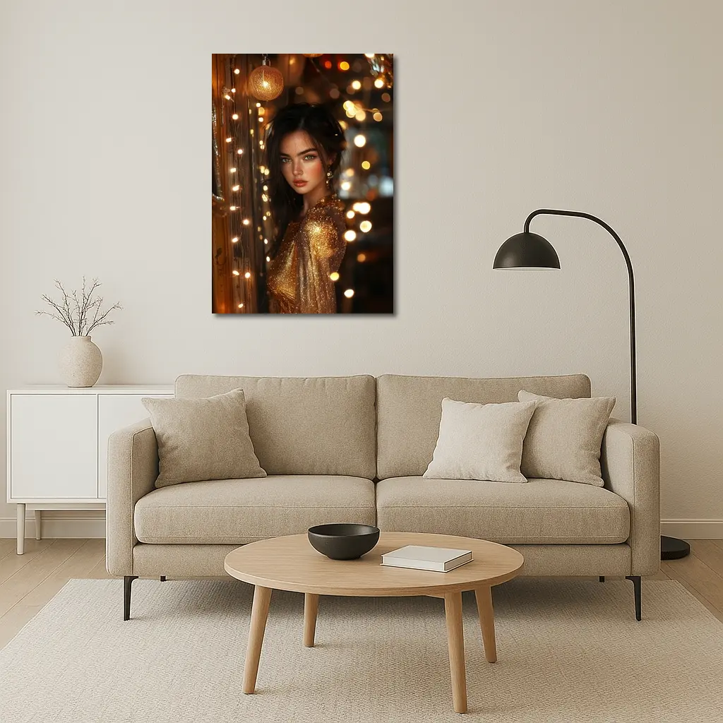 Woman Gold Dress Warm Bokeh Lights – Wall Art