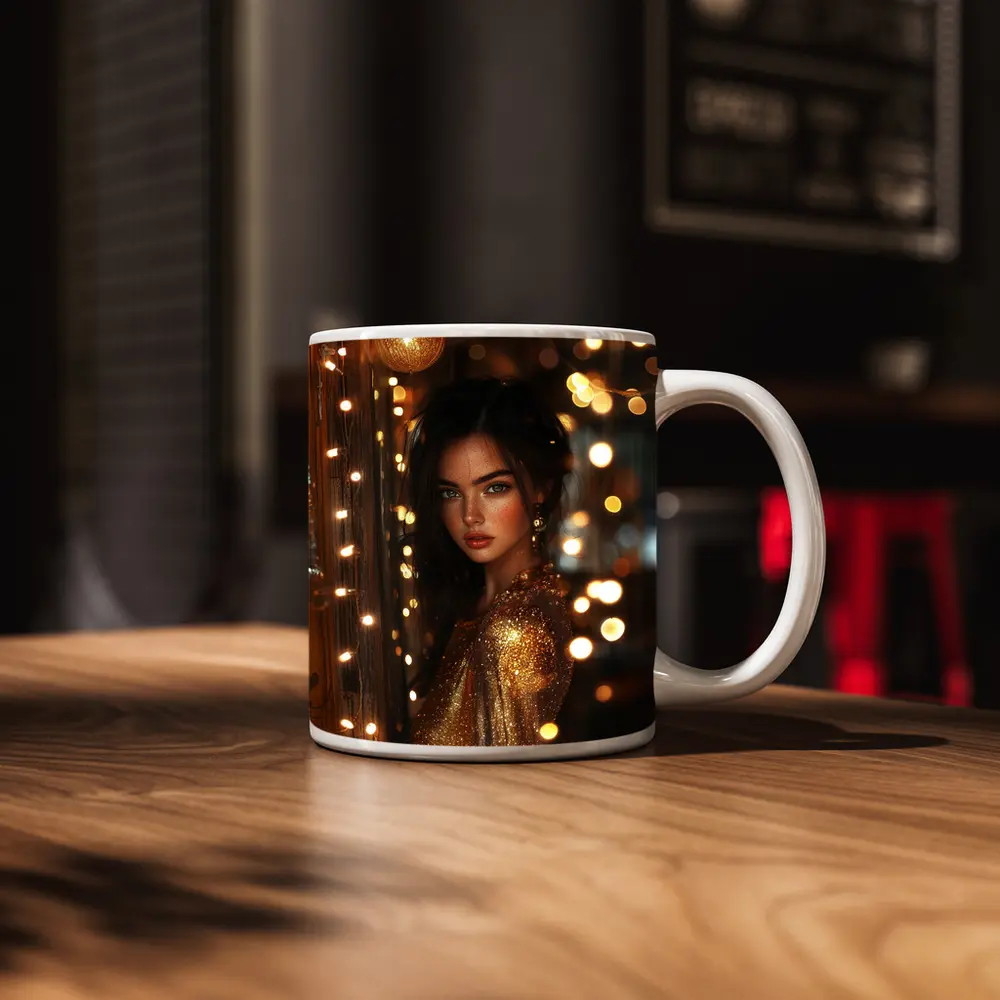 Woman Gold Dress Warm Bokeh Lights – Mugs