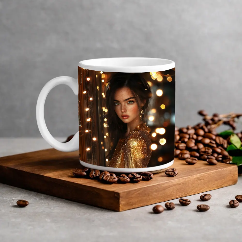Woman Gold Dress Warm Bokeh Lights – Mugs
