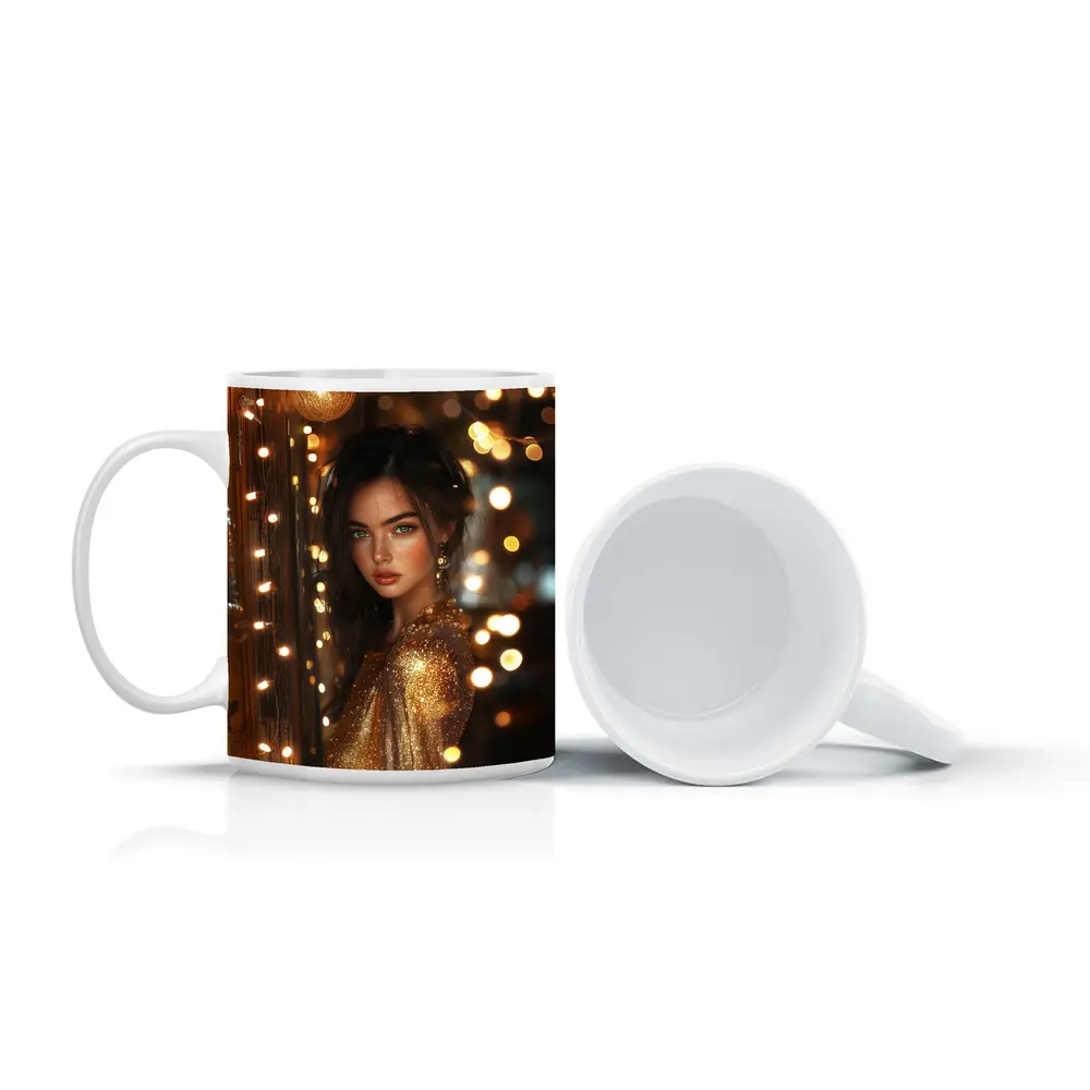 Woman Gold Dress Warm Bokeh Lights – Mugs