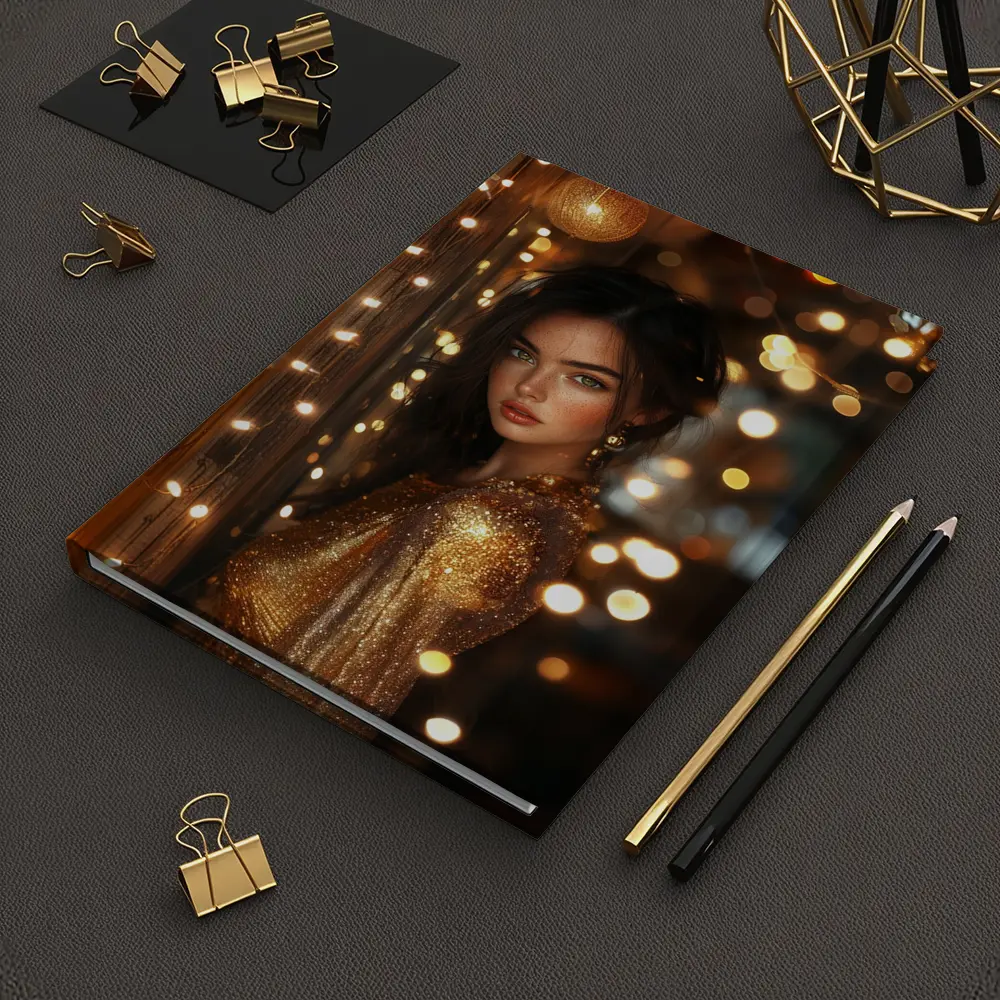 Woman Gold Dress Warm Bokeh Lights – Notebooks