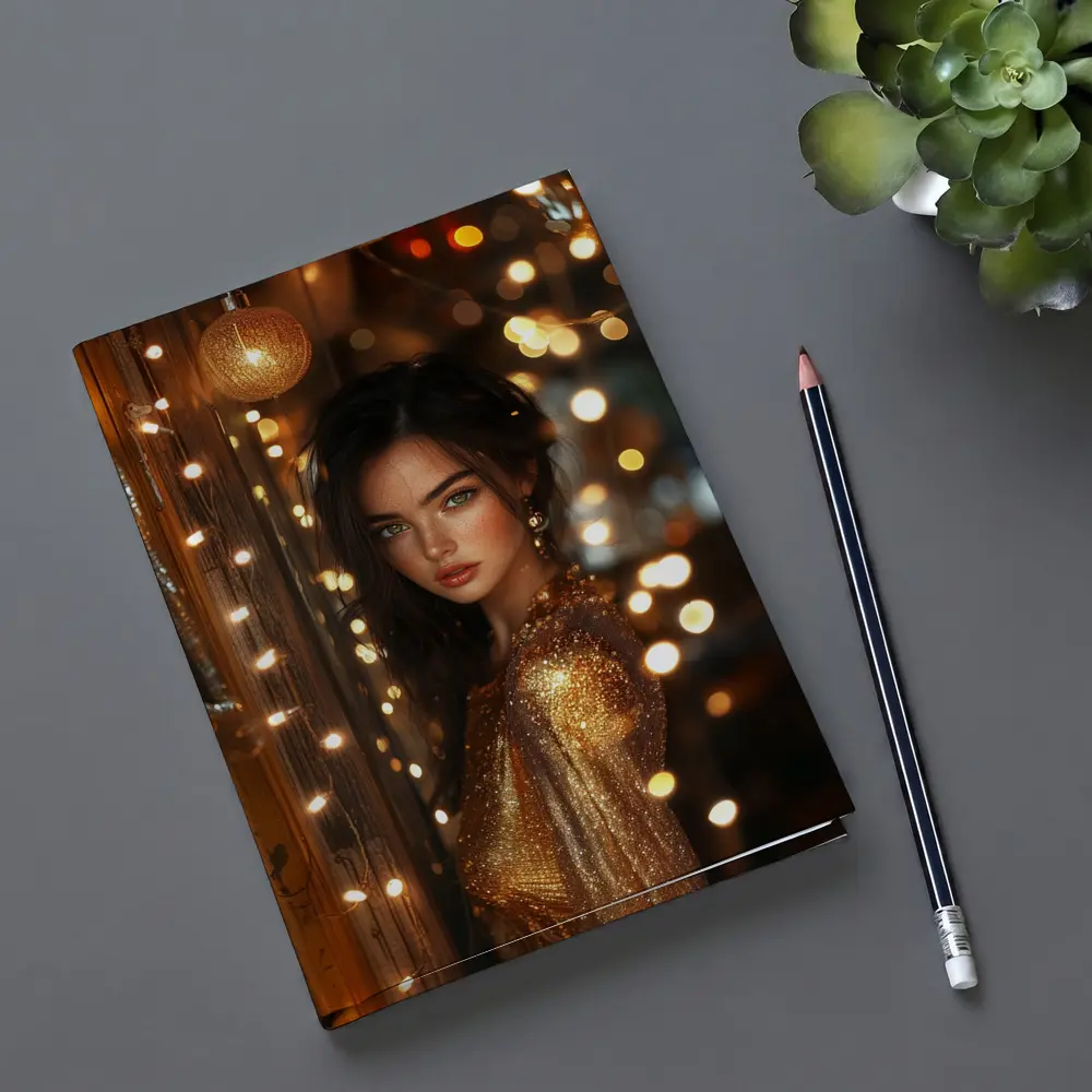 Woman Gold Dress Warm Bokeh Lights – Notebooks