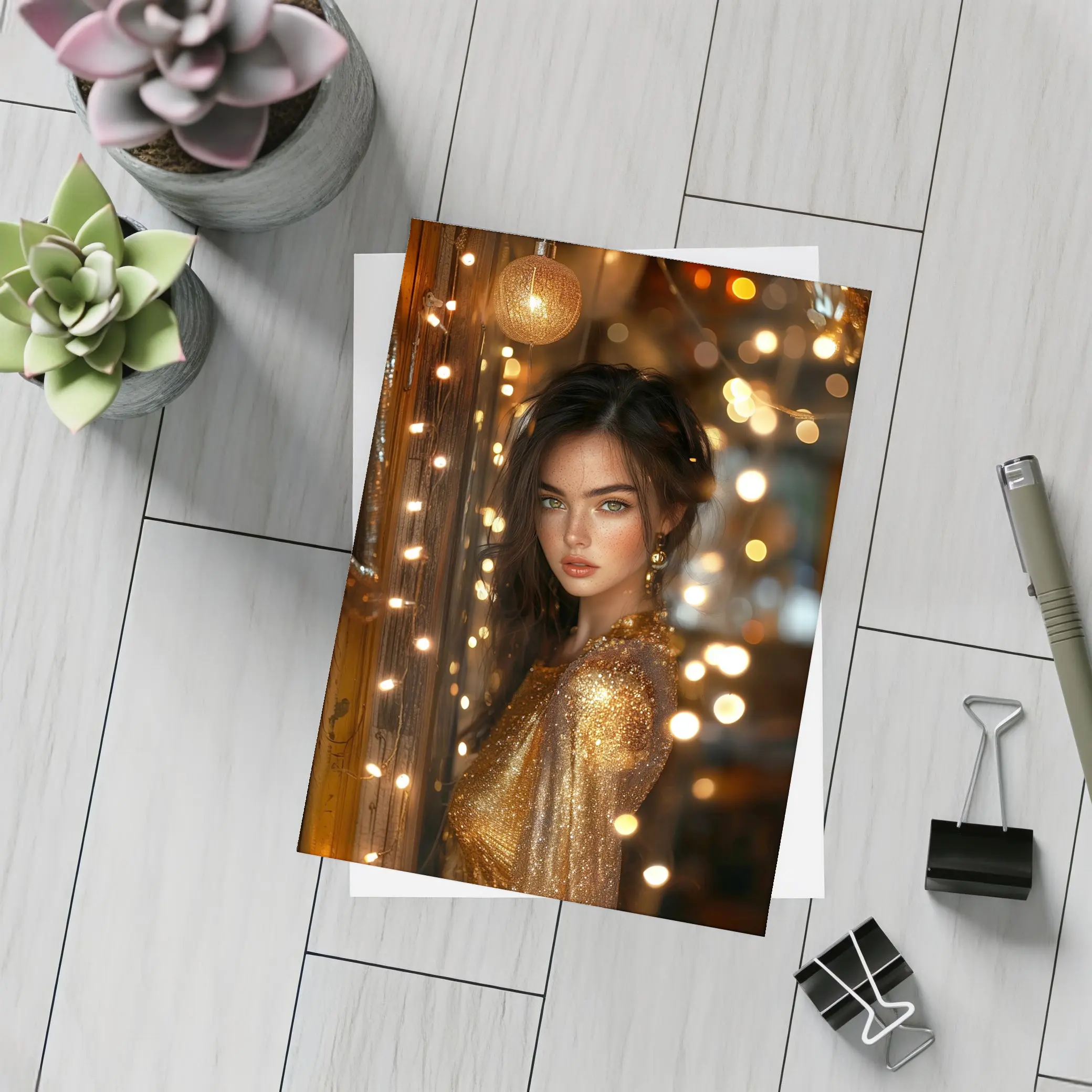 Woman Gold Dress Warm Bokeh Lights – Postcards