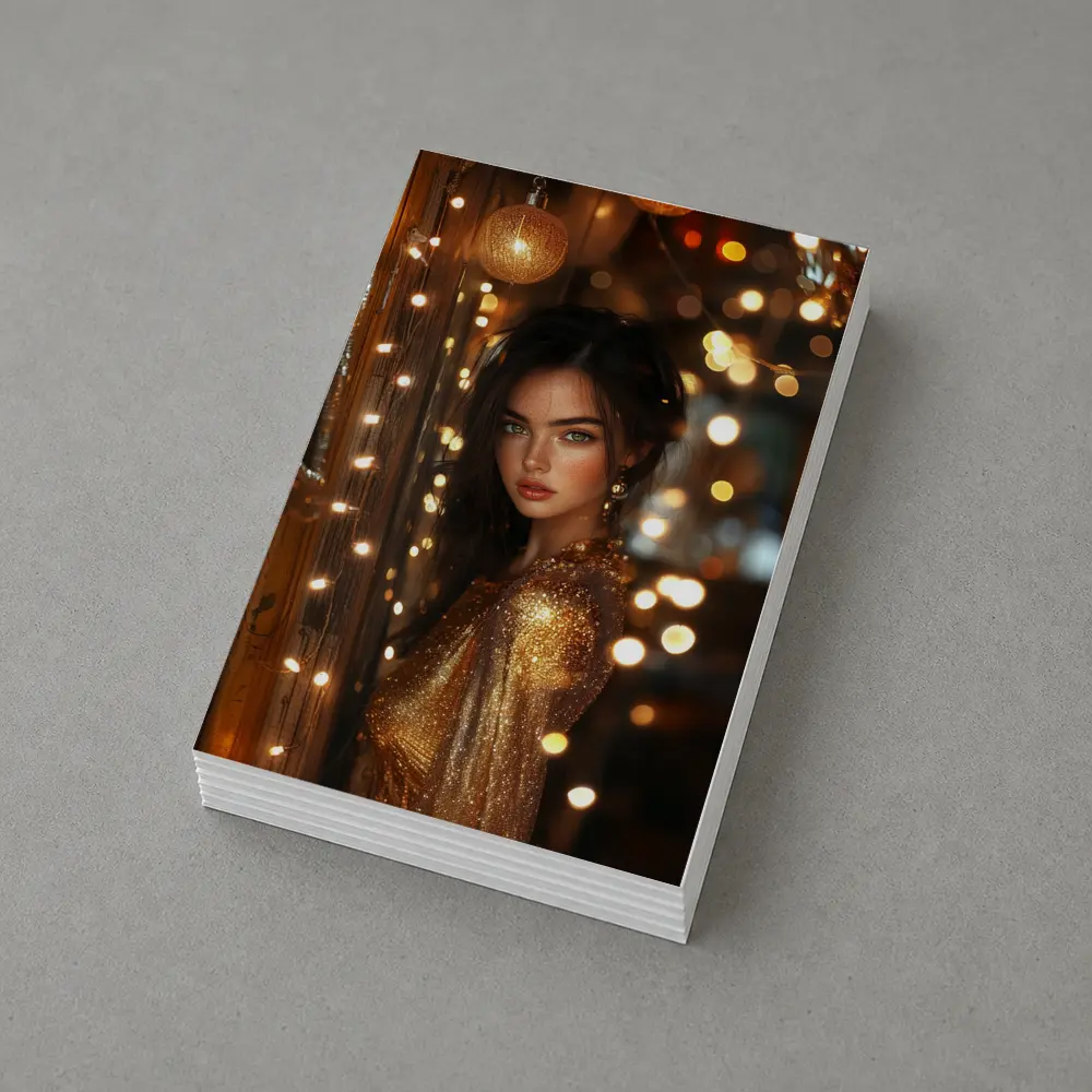 Woman Gold Dress Warm Bokeh Lights – Postcards