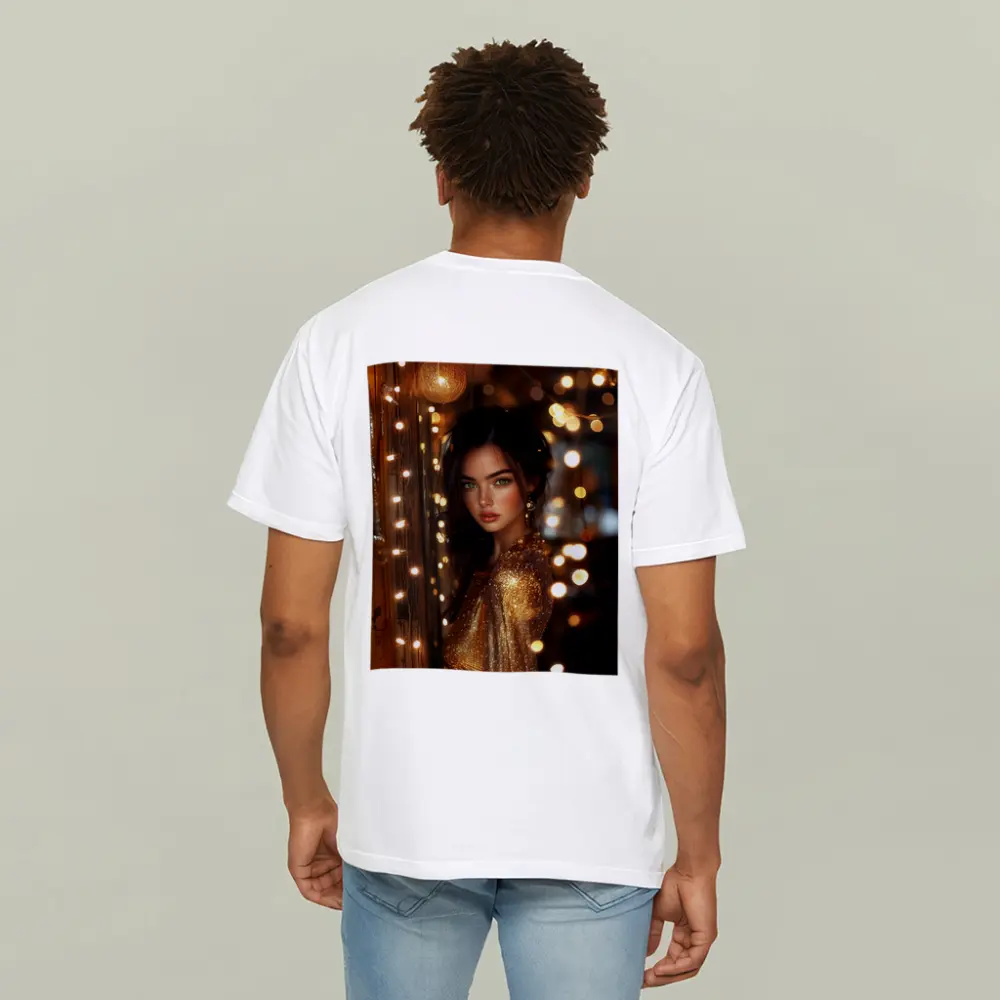 Woman Gold Dress Warm Bokeh Lights – T-Shirts
