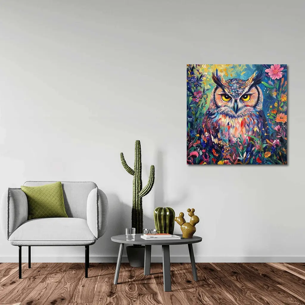 Great Horned Owl Colorful Wildflower Garden Painting – Wall Art