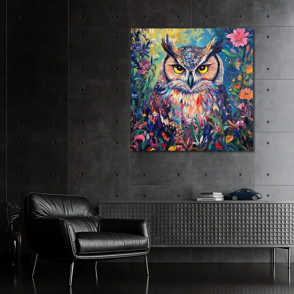 Great Horned Owl Colorful Wildflower Garden Painting – Wall Art