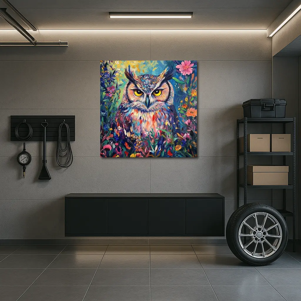 Great Horned Owl Colorful Wildflower Garden Painting – Wall Art