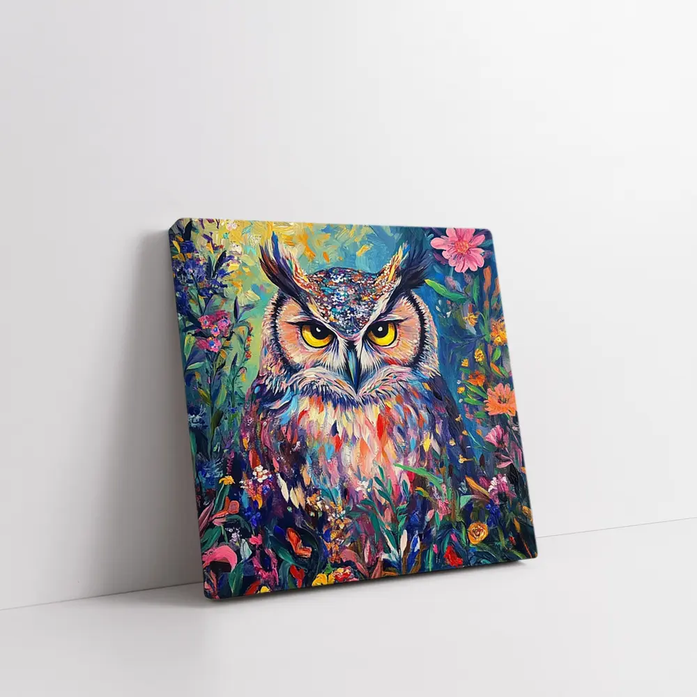 Great Horned Owl Colorful Wildflower Garden Painting – Wall Art