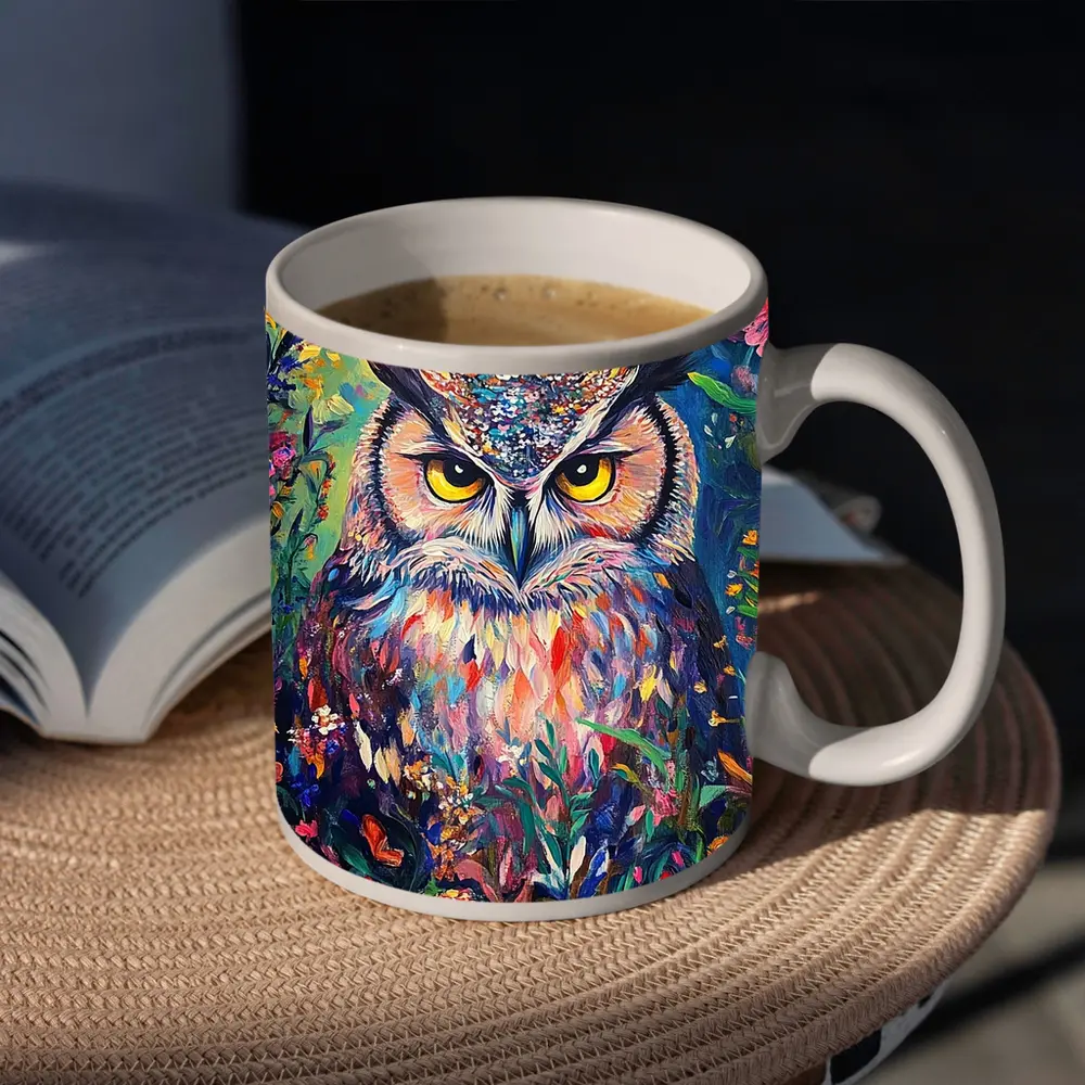 Great Horned Owl Colorful Wildflower Garden Painting – Mugs