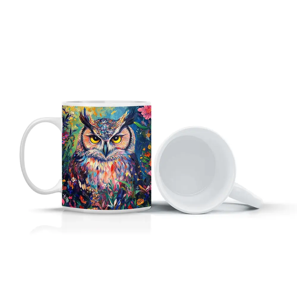 Great Horned Owl Colorful Wildflower Garden Painting – Mugs