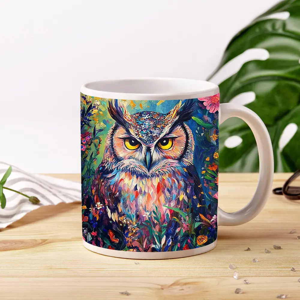 Great Horned Owl Colorful Wildflower Garden Painting – Mugs