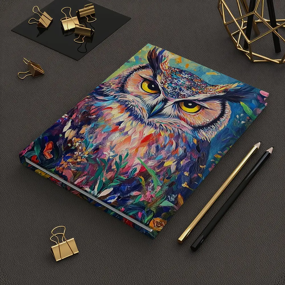 Great Horned Owl Colorful Wildflower Garden Painting – Notebooks