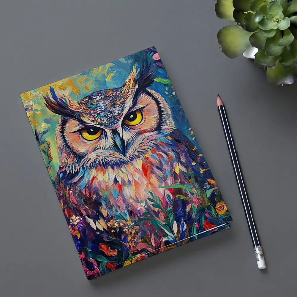 Great Horned Owl Colorful Wildflower Garden Painting – Notebooks
