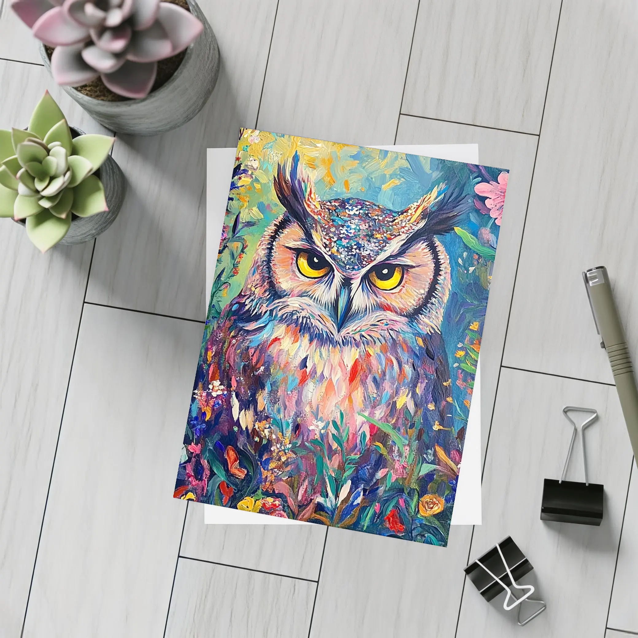 Great Horned Owl Colorful Wildflower Garden Painting – Postcards