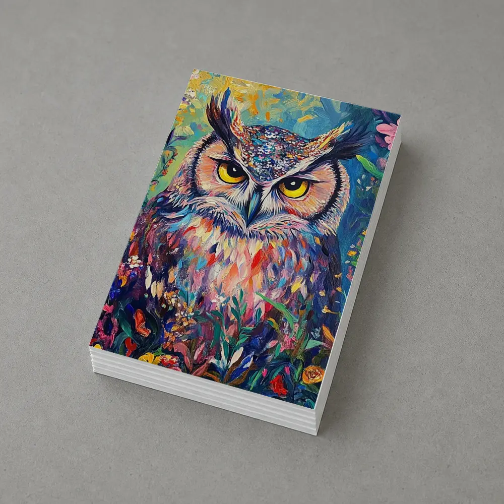 Great Horned Owl Colorful Wildflower Garden Painting – Postcards