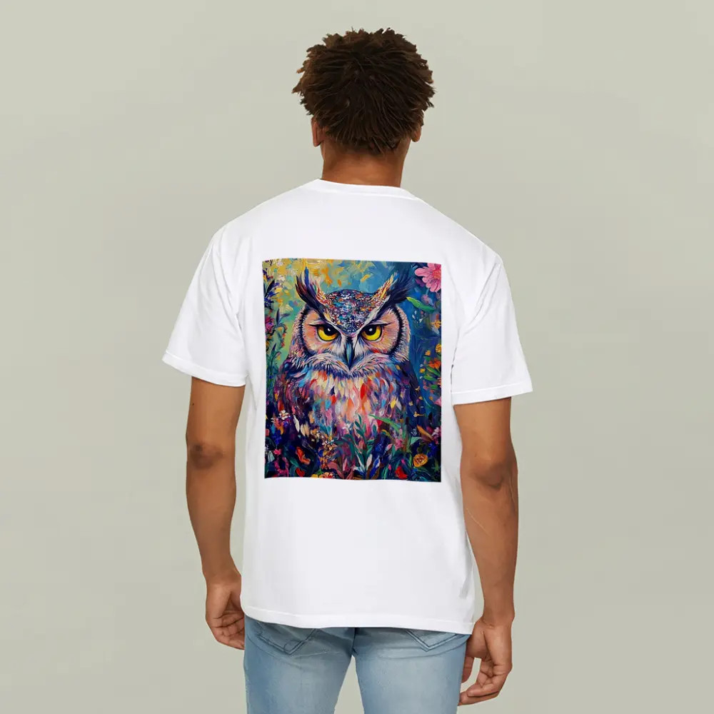 Great Horned Owl Colorful Wildflower Garden Painting – T-Shirts