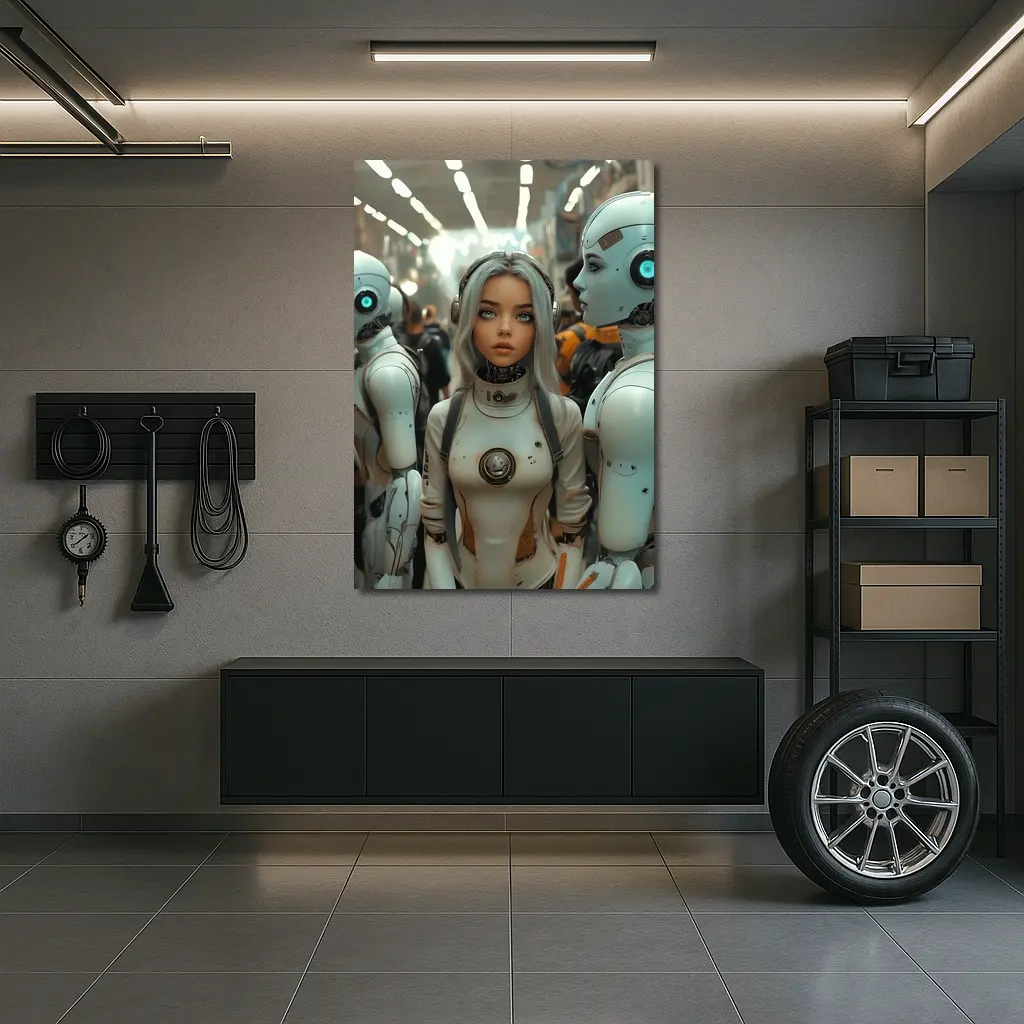 Futuristic Female Android Among White Robots – Wall Art