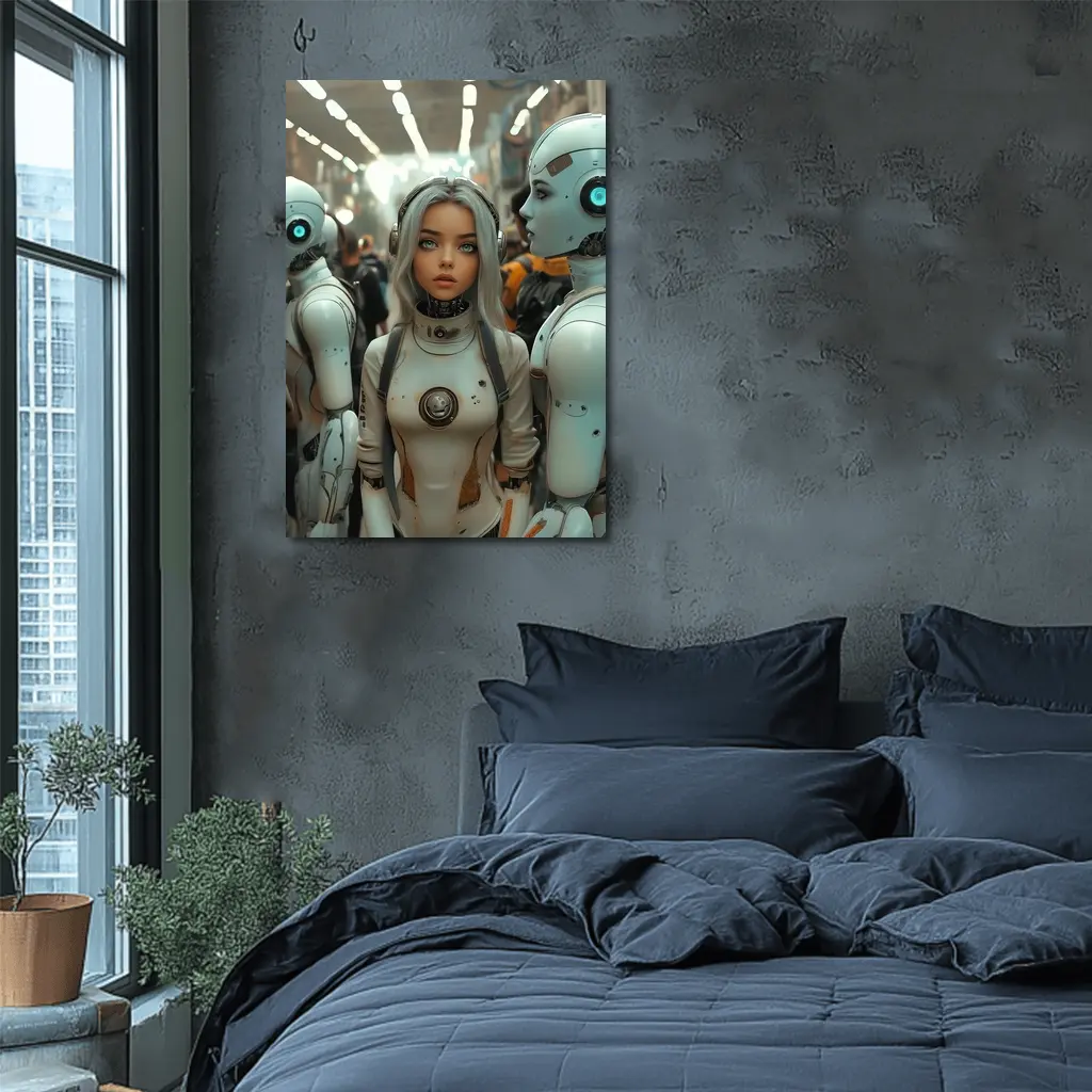 Futuristic Female Android Among White Robots – Wall Art
