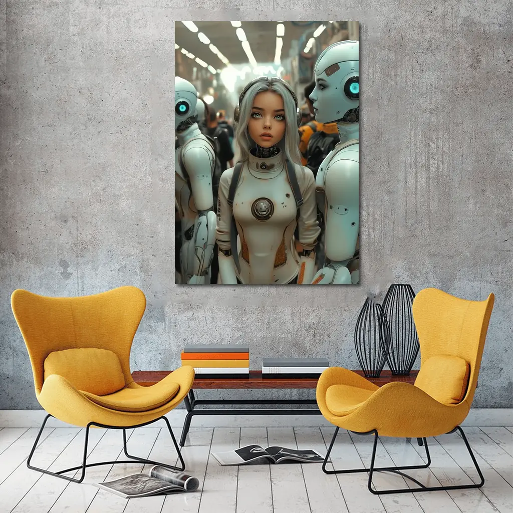 Futuristic Female Android Among White Robots – Wall Art