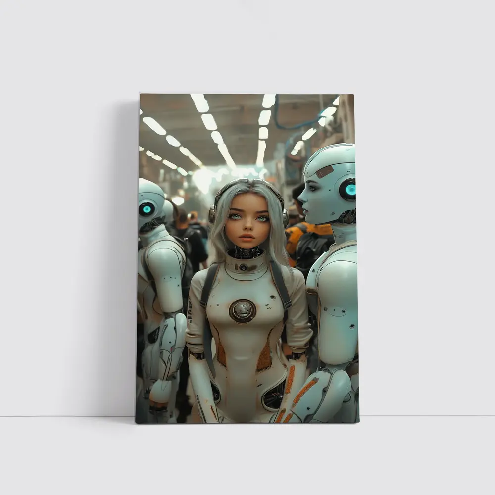 Futuristic Female Android Among White Robots – Wall Art