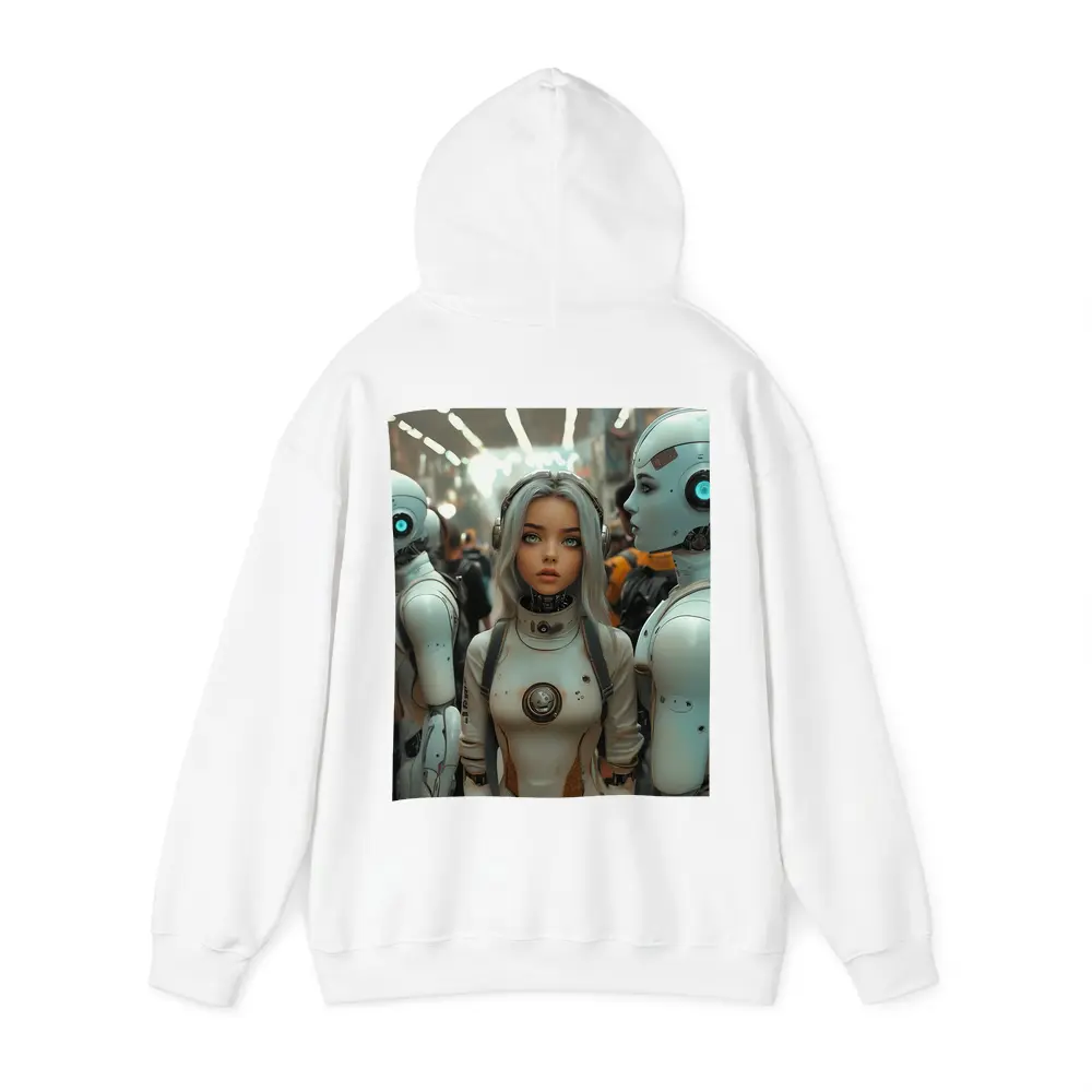 Futuristic Female Android Among White Robots – Hoodies