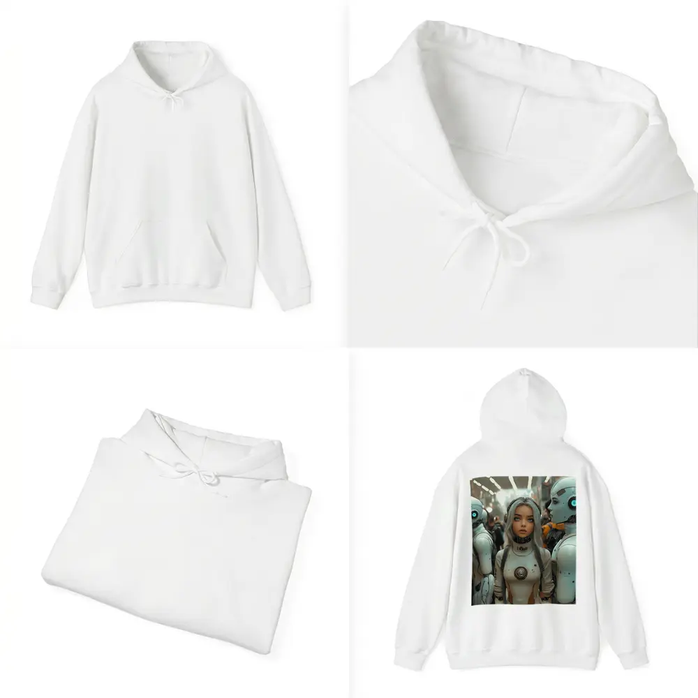 Futuristic Female Android Among White Robots – Hoodies