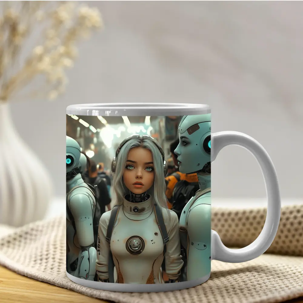 Futuristic Female Android Among White Robots – Mugs