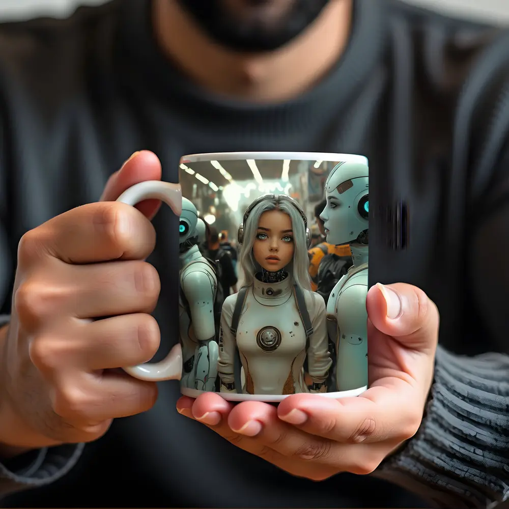 Futuristic Female Android Among White Robots – Mugs