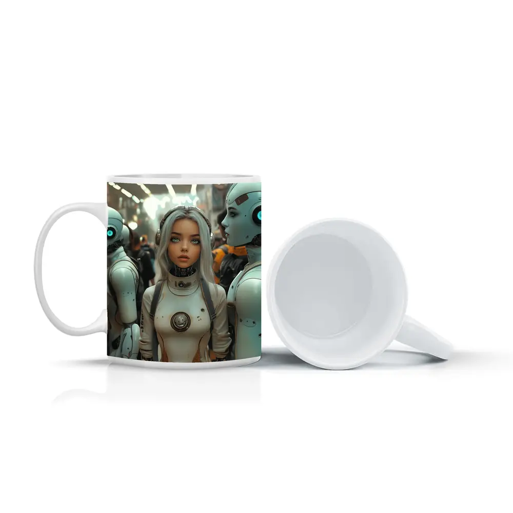 Futuristic Female Android Among White Robots – Mugs