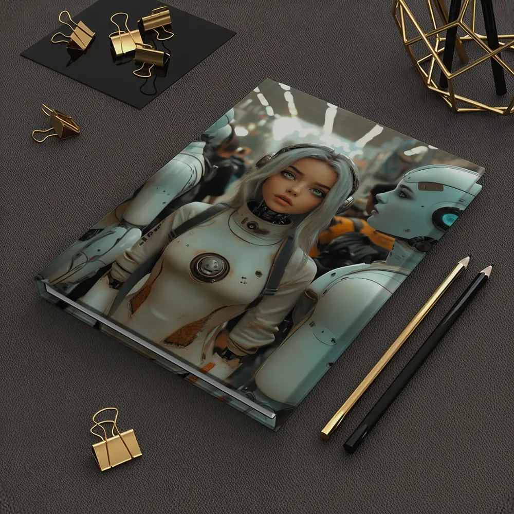 Futuristic Female Android Among White Robots – Notebooks
