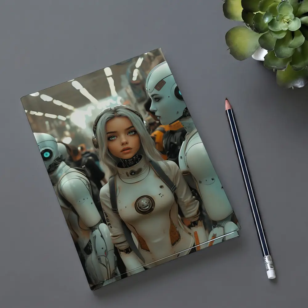 Futuristic Female Android Among White Robots – Notebooks