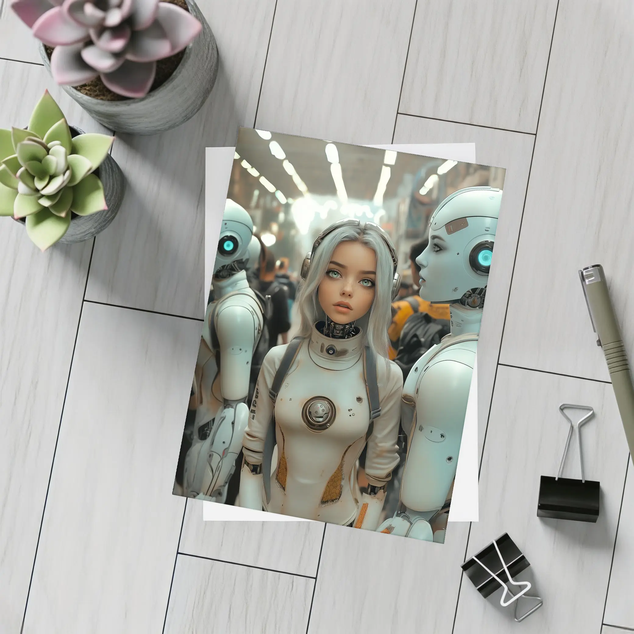 Futuristic Female Android Among White Robots – Postcards