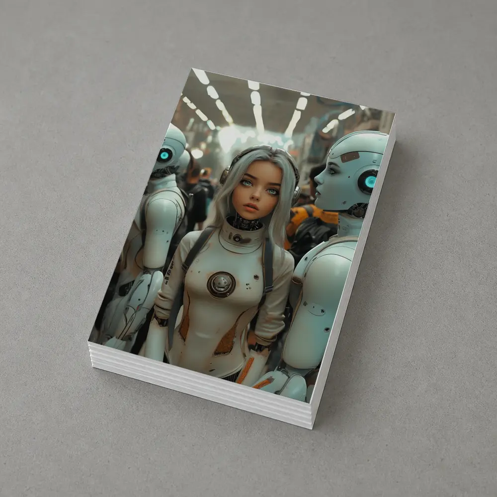 Futuristic Female Android Among White Robots – Postcards