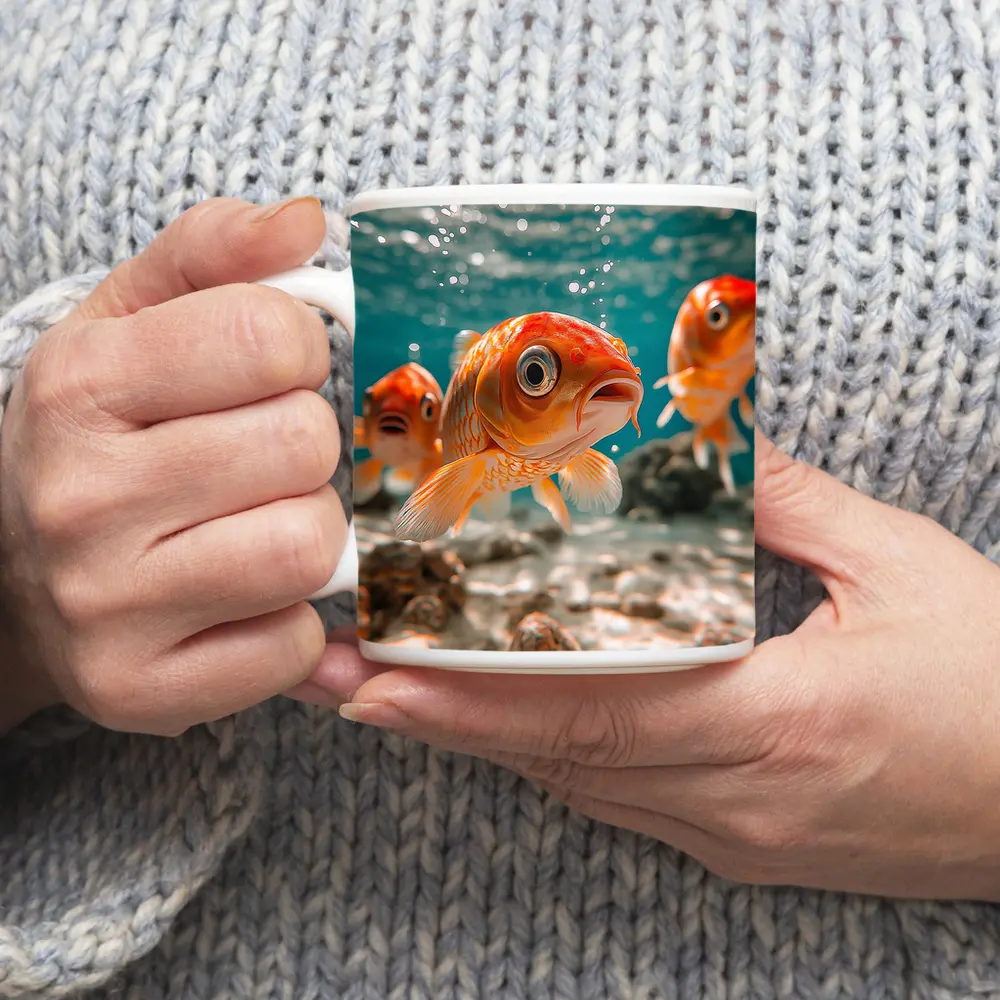 Goldfish Swimming Underwater Sandy Ocean Floor – Mugs