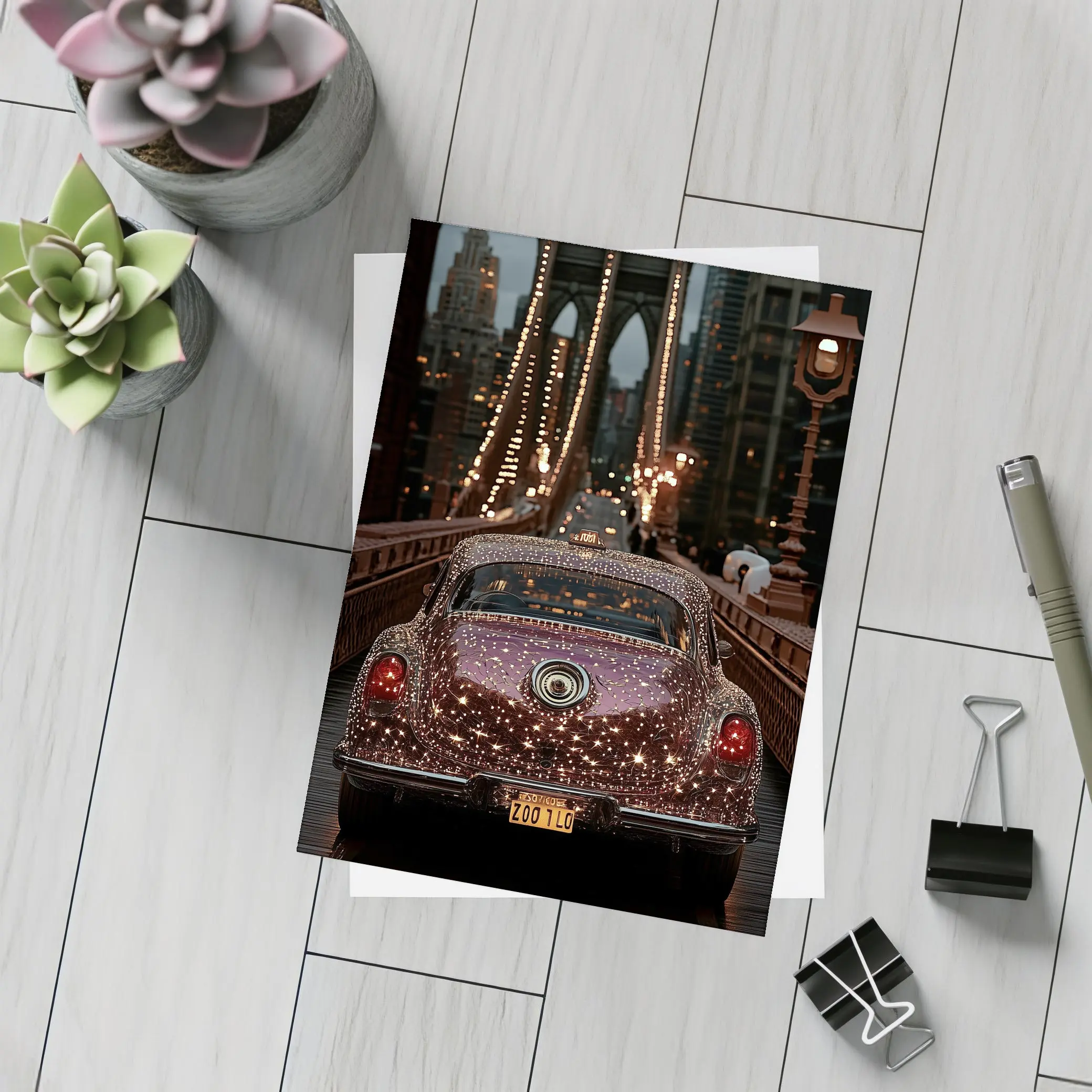 Glittering Classic Car Brooklyn Bridge Night – Postcards
