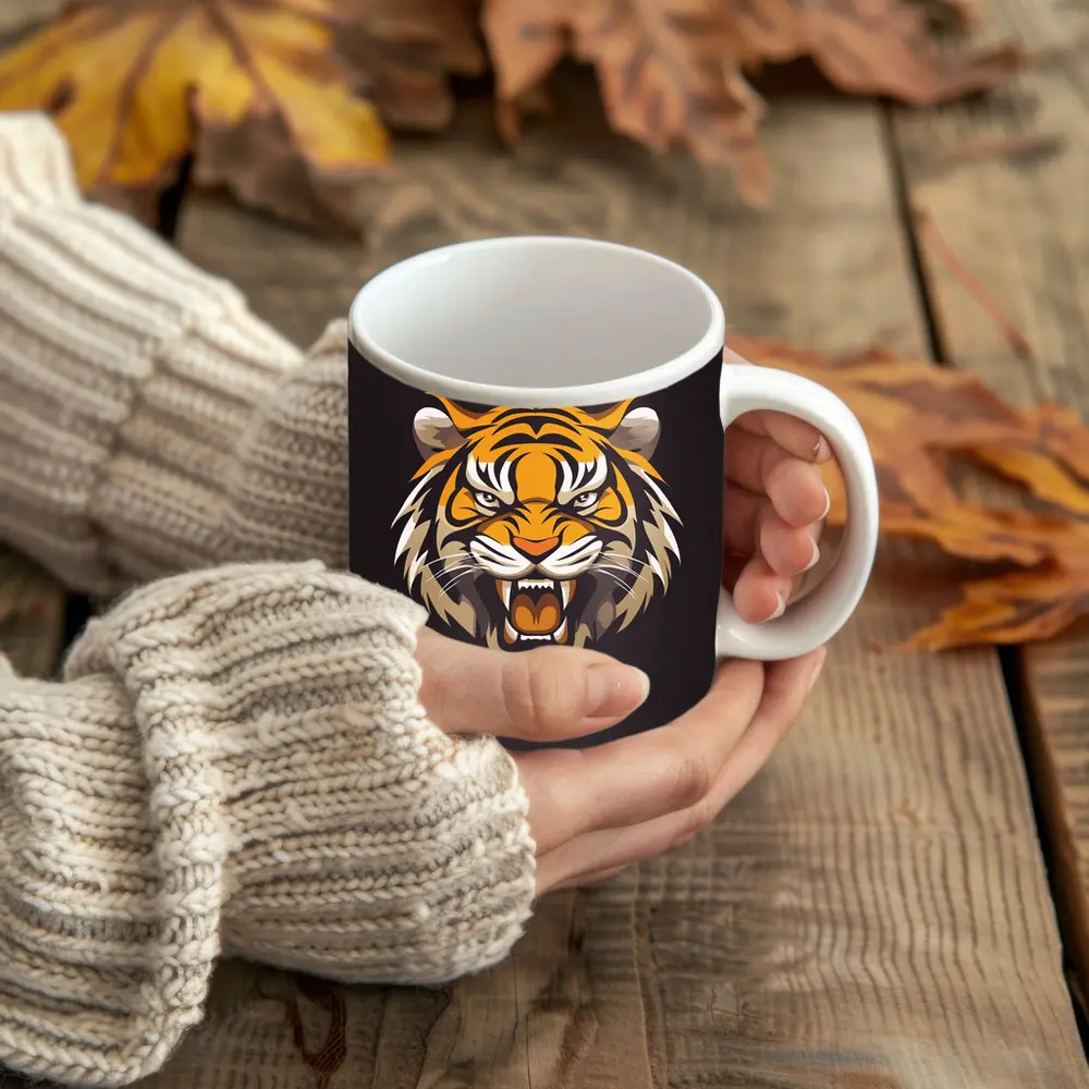 Roaring Tiger Head Illustration Dark Background – Mugs