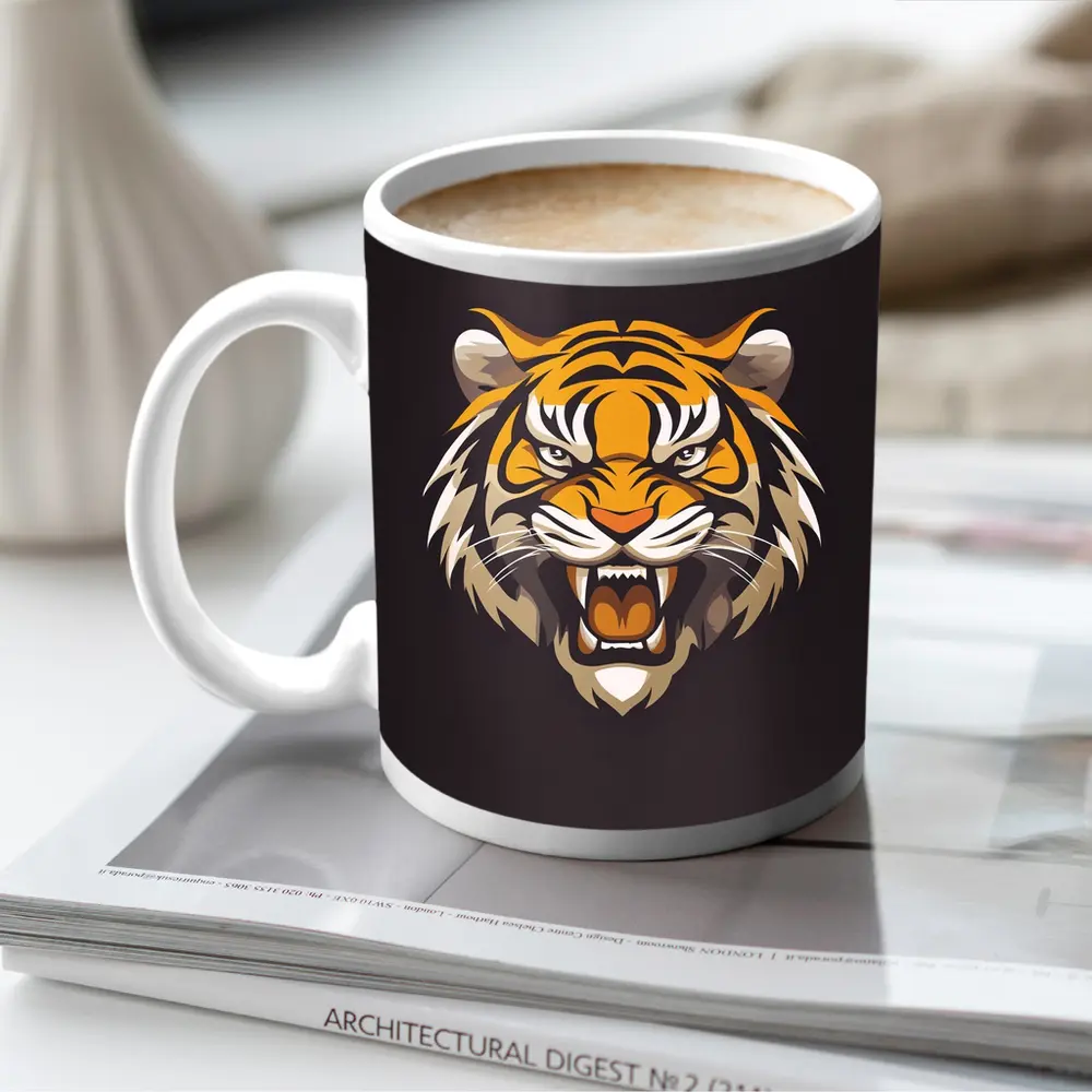 Roaring Tiger Head Illustration Dark Background – Mugs