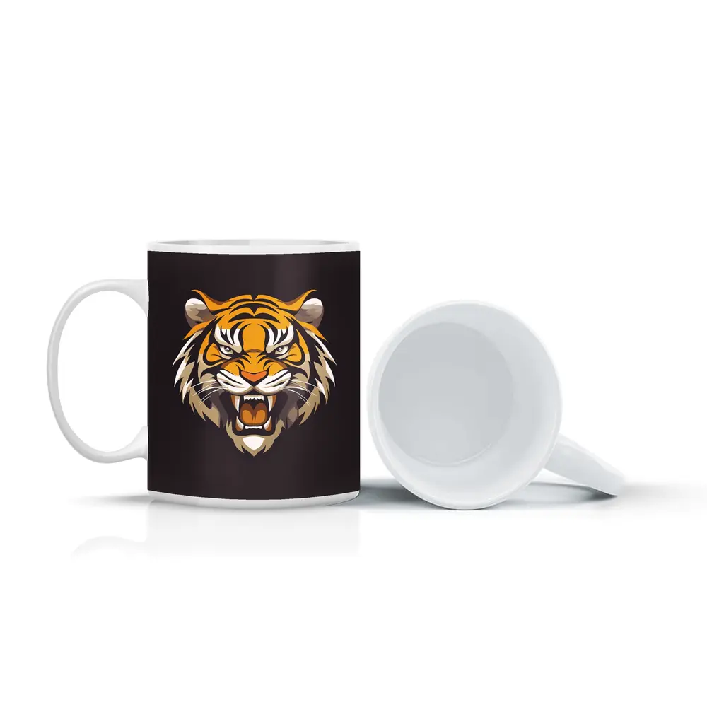 Roaring Tiger Head Illustration Dark Background – Mugs