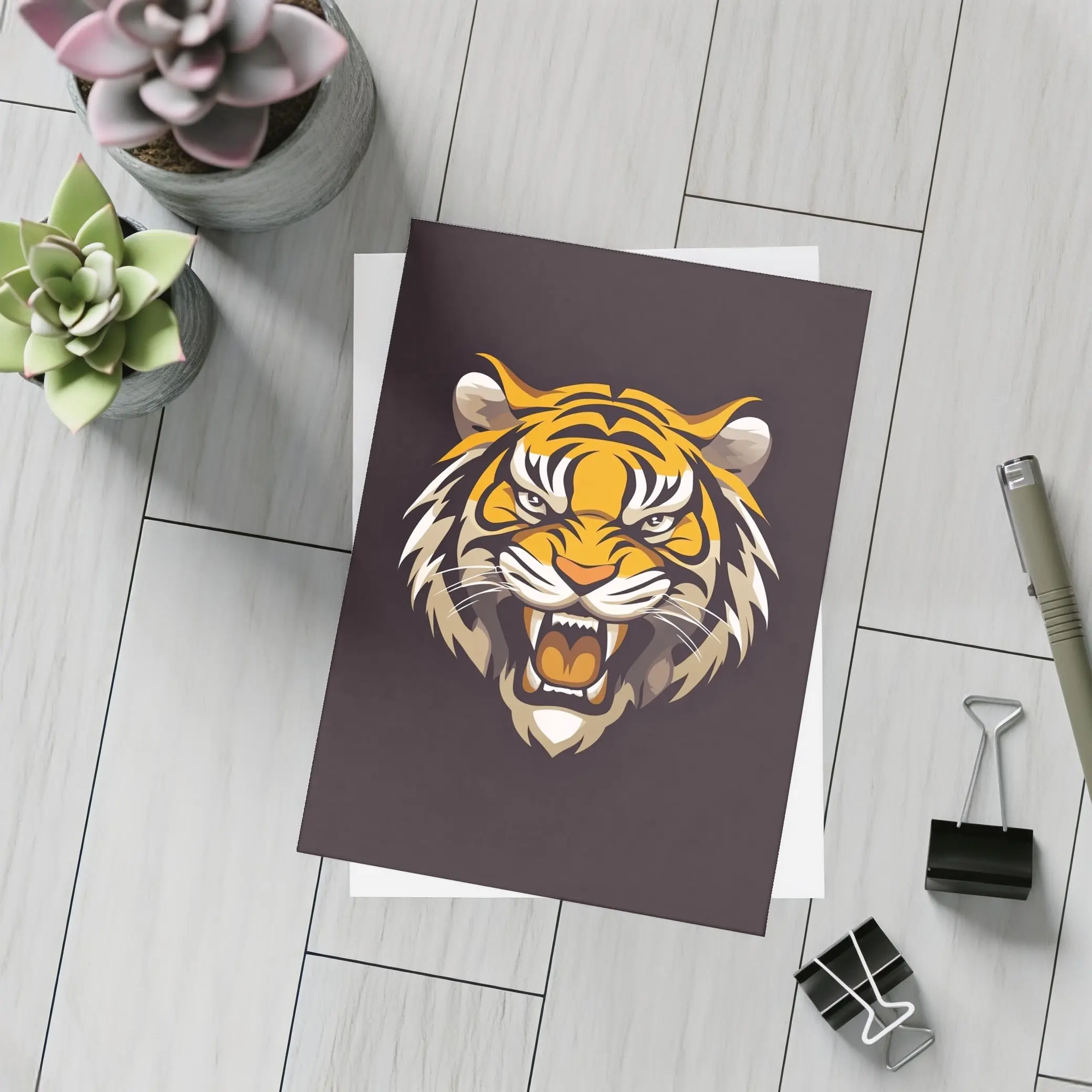 Roaring Tiger Head Illustration Dark Background – Postcards