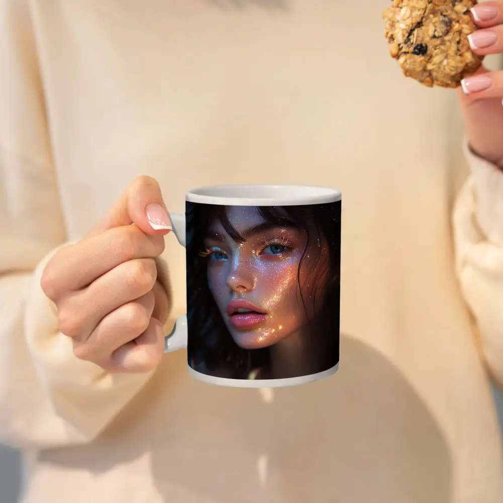 Glitter Face Portrait Woman Dark Background – Mugs