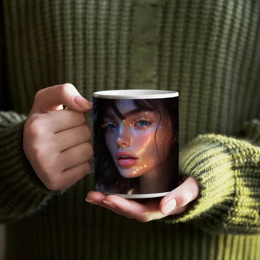 Glitter Face Portrait Woman Dark Background – Mugs
