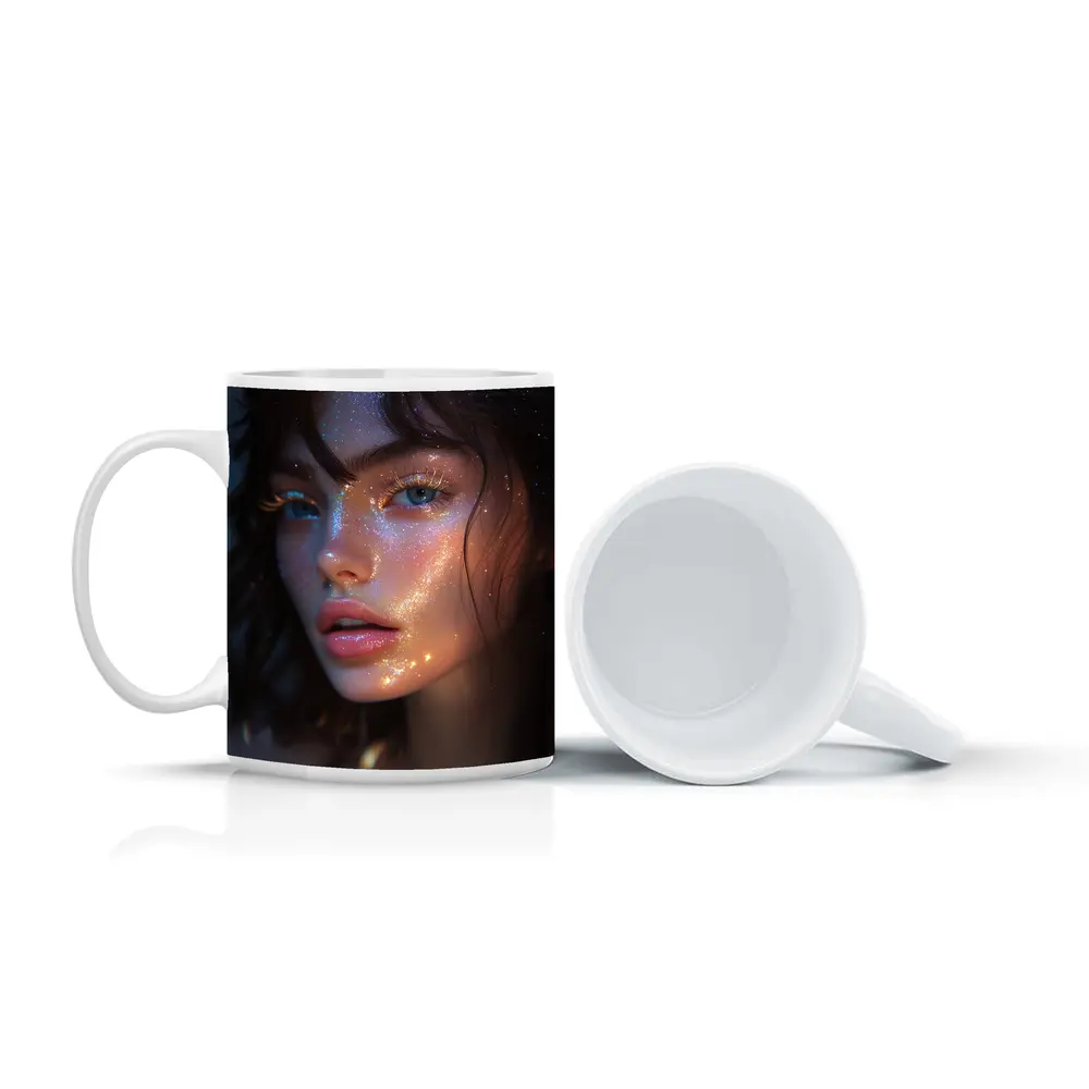 Glitter Face Portrait Woman Dark Background – Mugs
