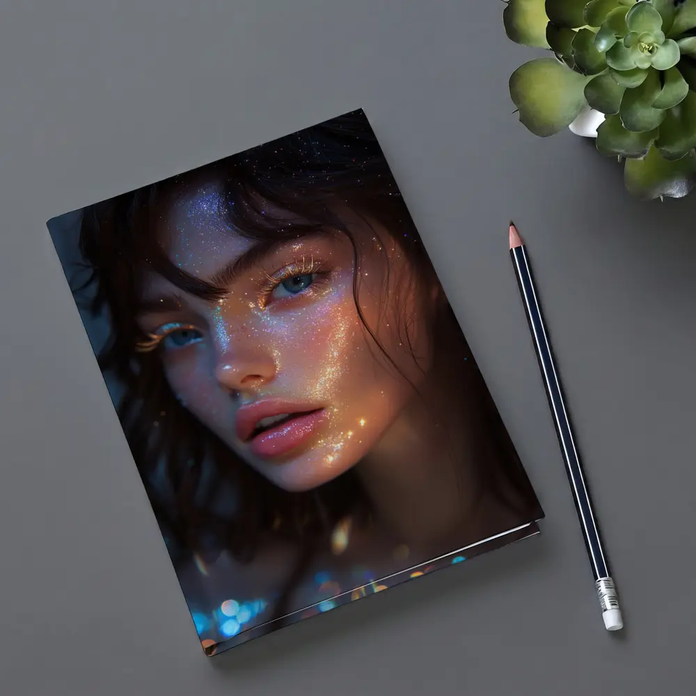 Glitter Face Portrait Woman Dark Background – Notebooks