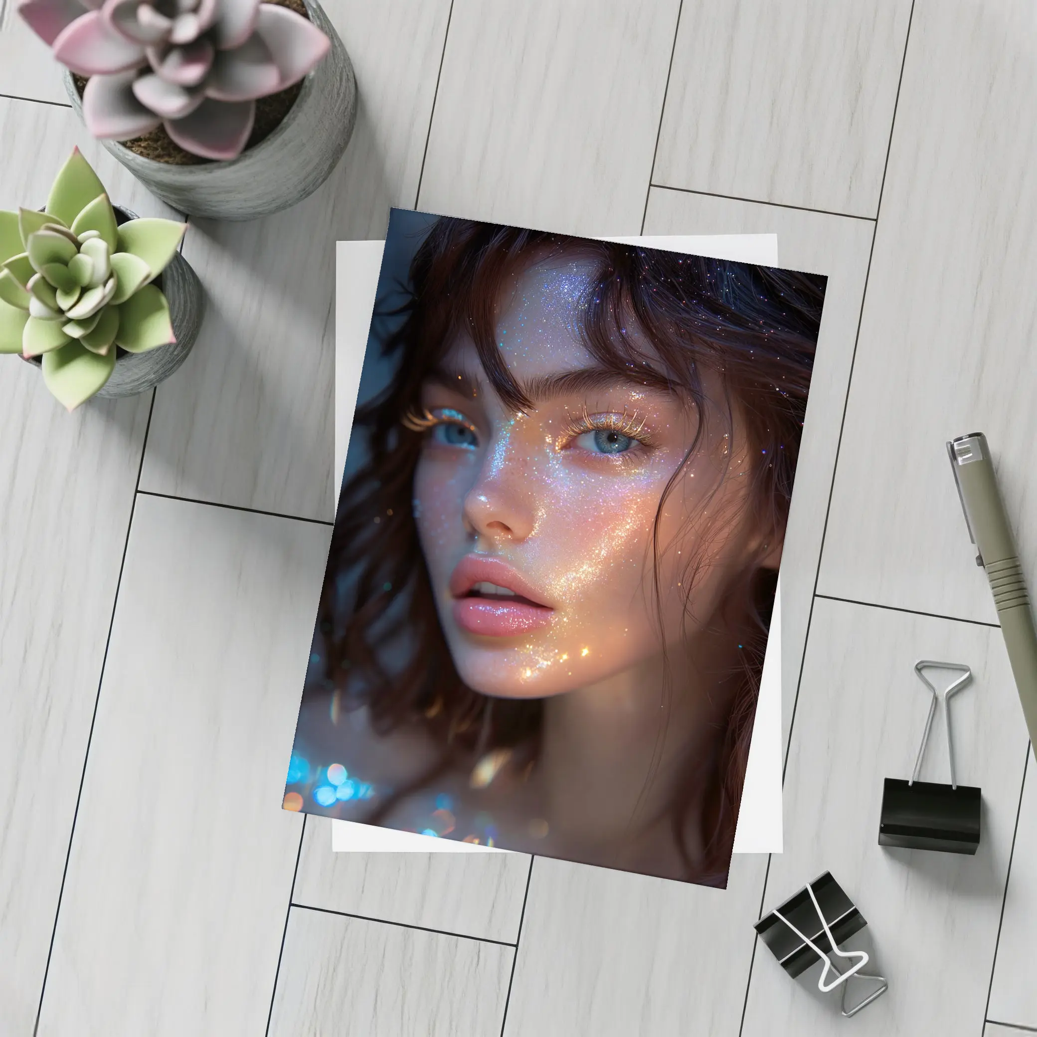 Glitter Face Portrait Woman Dark Background – Postcards